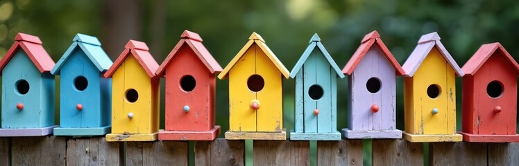 Colorful birdhouses stand on wooden fence in row. Bird houses arranged as decoration. Home for wild birds as decor element, stylish fun design for birds. Concept for positive mood.