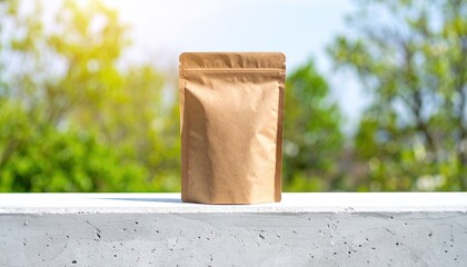 Brown Kraft Stand-Up Pouch Mockup on Concrete Ledge