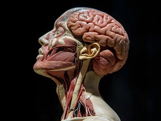 scientific side profile of human head and neck, muscular and internal systems exposed including brain and throat 

