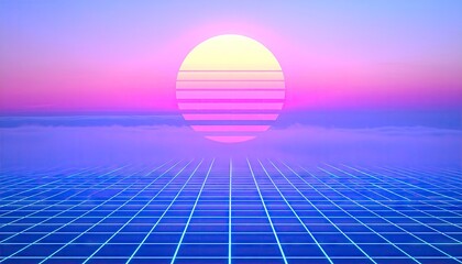 Vaporwave Sunrise Orb Above Thin Grid Pastel Fog Retro Calm