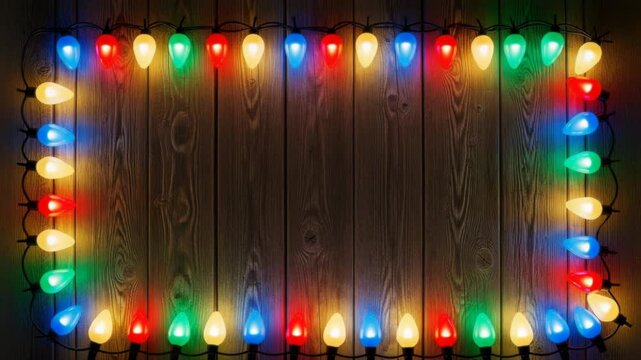 Colorful christmas lights frame a rustic wooden background