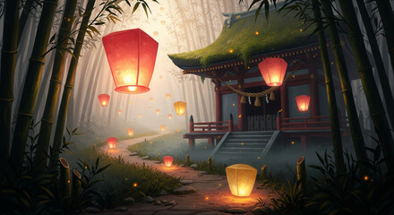 A mystical path illuminated by floating lanterns leads through a bamboo forest to a traditional Japanese torii gate and shrine.