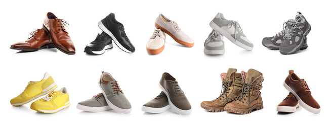 Set of different men's shoes on white background