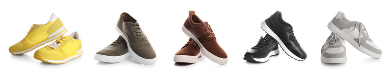 Set of different men's shoes on white background