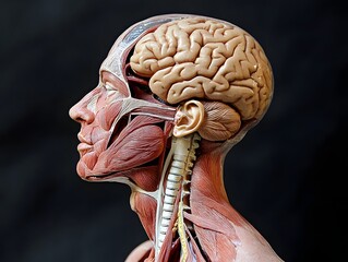 scientific side profile of human head and neck, muscular and internal systems exposed including brain and throat 
