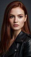 A serious young woman with long red hair and a black leather jacket gazes directly at the viewer.