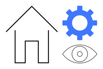 Black house outline, blue gear, and eye graphic symbolizing home innovation, automation, or vision concepts. Ideal for technology, development, security, creativity smart living monitoring simple