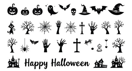 Collection of Halloween silhouette icons and characters.