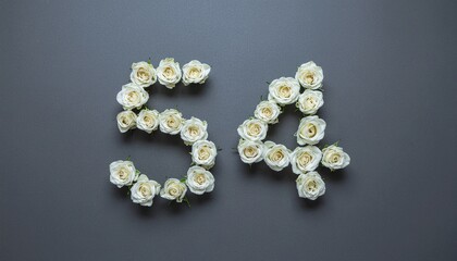 Number 54 made out of white roses with black background. Photo for birthday or anniversary party
