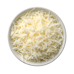Shredded mozzarella cheese in a black bowl, top view. Food ingredient for pizza and pasta, isolated on black background.
