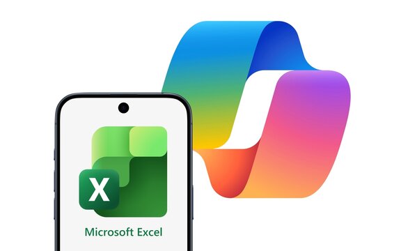 Microsoft Excel logo is displayed on a smartphone, Copilot logo behind it, new 2025 logo,  artificial intelligence, spreadsheet editor, computation, graphing tool, pivot tables, productivity