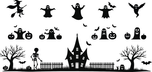 Collection of Halloween silhouette icons and characters.
