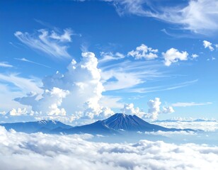 Mountain peak emerging through fluffy clouds, surrounded by bright blue sky