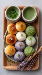 Assorted Traditional Japanese Sweets Served In A Wooden Tray With Two Bowls Of Green Matcha Tea And Lavender Sprigs On A Light Gray Surface Overhead View