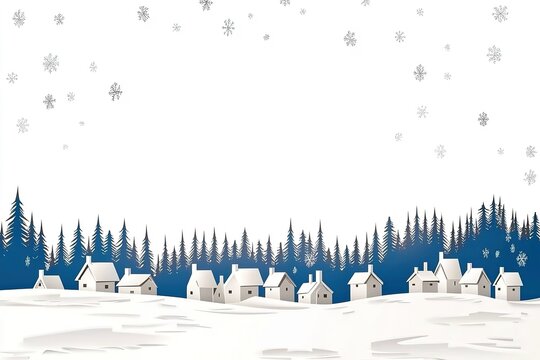 Christmas Card Design White Background Blue Sky Clouds Snowy Village, Center Blank Space Vector Flat Graphic for Logo - Powered by Adobe