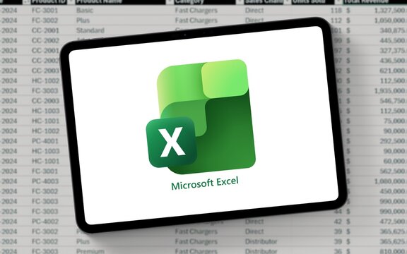 Microsoft Excel logo displayed on a modern tablet computer, new 2025 logo, table of application behind it, calculations, calculation functions, graphic tools, pivot tables and macro programming 