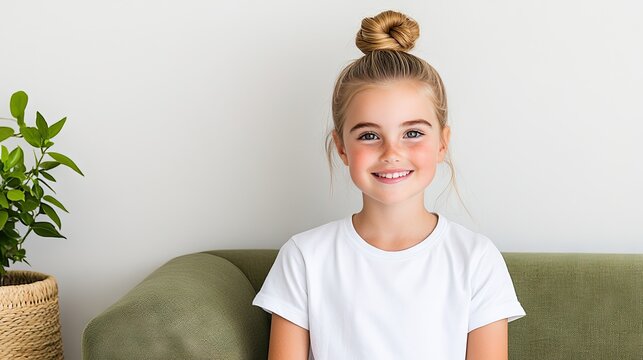 A joyful young girl with special needs smiles while perched on an olive green couch in a bright studio setting