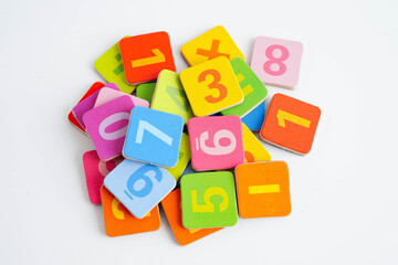 Number wood block cubes for learning Mathematic, education math.