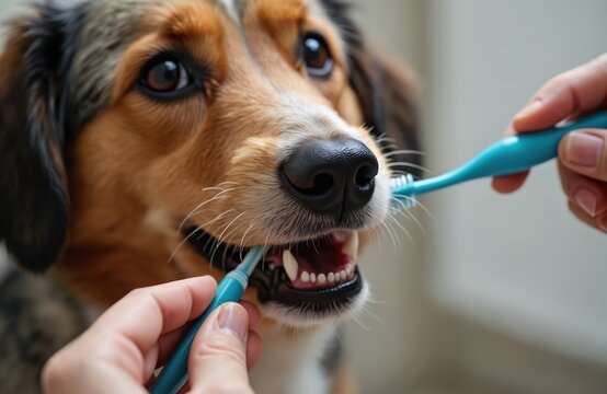 Dog gets teeth brushed by owner using two toothbrushes for canine dental hygiene. Pet owner performs regular grooming, keeping pet healthy. Dog permits oral care session.
