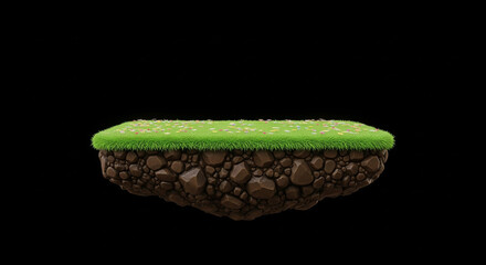 A small, isolated square of grass and earth with colorful confetti scattered on top.