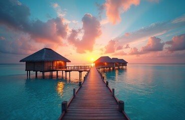 Obraz premium Wooden pier leads to bungalows over turquoise ocean water at colorful sunset. Tropical island resort vacation scene with calm sea and dramatic sky. Luxury travel destination.