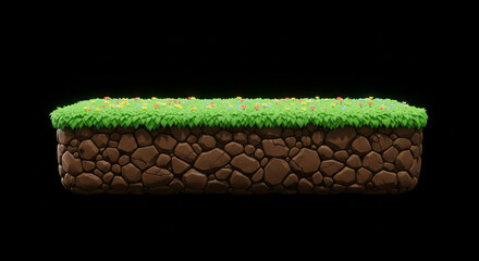 A small, isolated square of grass and earth with colorful confetti scattered on top.