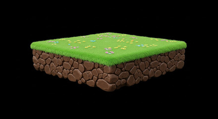 A small, isolated square of grass and earth with colorful confetti scattered on top.