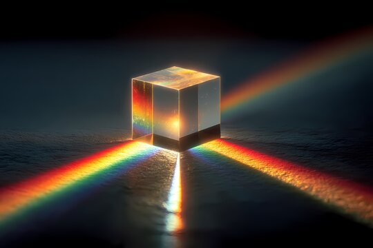 A clear glass prism refracts a beam of white light dispersing it into a vibrant spectrum of rainbow colors on a dark surface