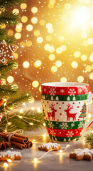 Cozy Christmas Mug with Festive Decorations and Lights