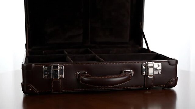 A close-up shot of an open, brown leather case with compartments on a polished wooden surface