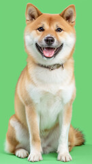Cute Japanese dog with fluffy coat sits happily against vibrant green background, showcasing its friendly and cheerful demeanor