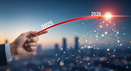 Business Hand Guiding Digital Growth Arrow to 2026 Target, Strategic Planning and Future Vision with Network Connections Over Cityscape