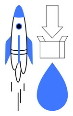 Rocket launching upwards, arrow into box, and large water drop symbolizing innovation, delivery, sustainability. Ideal for progress, creativity, technology, logistics environment startup simple