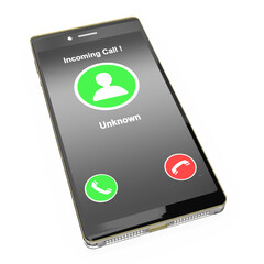 Smartphone mit Buzzer Stop zeigt Bildschirm eines unbekannten Anrufers oder Spamanruf auf transparenten Hintergrund, freigestellt
