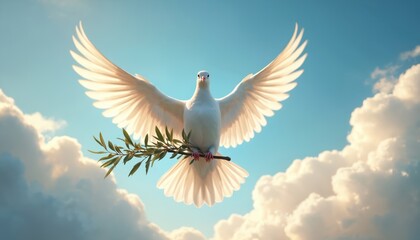 Fototapeta premium White dove flies in blue sky with fluffy clouds holding olive branch in beak. Bird spreads wings against sunlight. Symbol of peace, freedom, hope and harmony in nature.