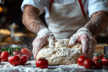 Baker kneads dough with flour flying in a kitchen Generative AI