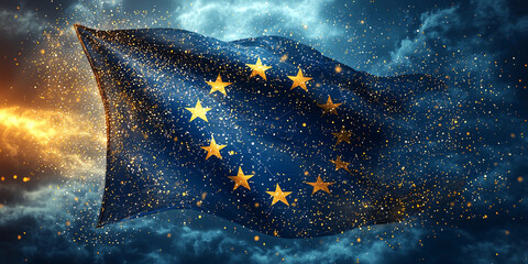 European Union flag transforming into digital particles Generative AI