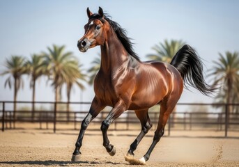 Obraz premium Elegant brown Arabian horse running in the desert sand, symbol of power, speed, and freedom