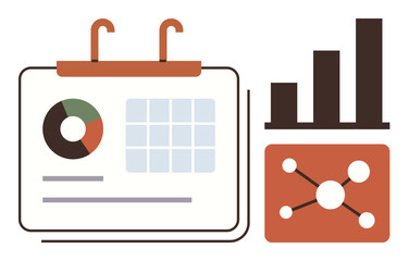Calendar with integrated pie chart and grid layout, bar graph, and network diagram showcasing data relationships. Ideal for planning, analysis, reporting, project management, business strategy