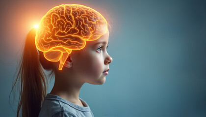 Young girl shows glowing brain overlay, representing neural activity and cognitive development. Child thinks and learns about science, ideas, and understanding.