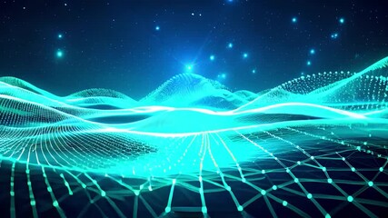 Abstract futuristic landscape with glowing network grid and data points representing advanced technology and digital communication concepts - Powered by Adobe