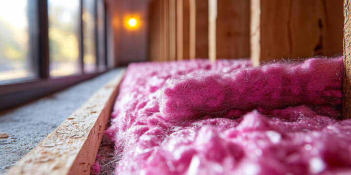 Pink fiberglass insulation batts laid along interior structure Generative AI