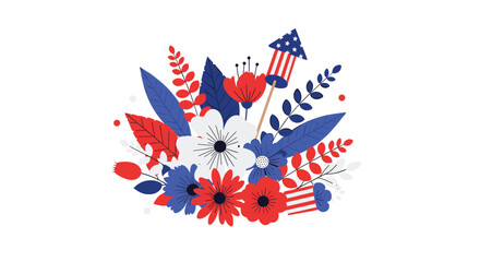 Obraz premium A festive bouquet of red, white, and blue flowers and leaves, featuring patriotic firecrackers, perfect for American celebrations.