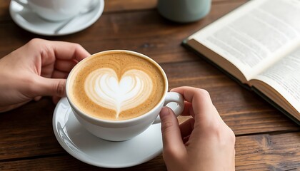Person holding a warm latte with heart art, reading a book on a wooden table, enjoying a cozy break and relaxation