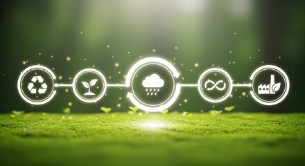 Digital icons representing sustainability and environmental concepts on green background