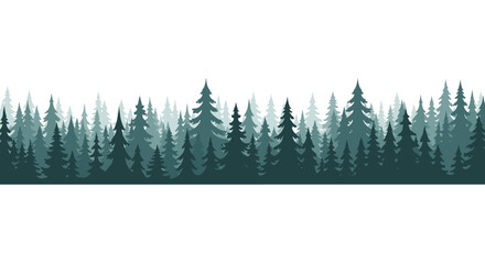 Silhouette of a winter forest with layers of evergreen pine and spruce trees in shades of teal and blue-green against a stark white background.