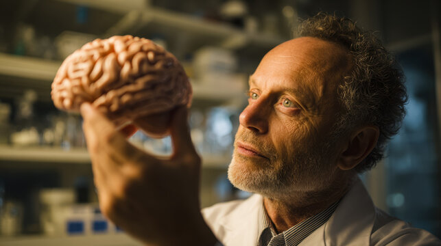 Scientist examining a detailed model of a human brain in a laboratory setting - Powered by Adobe