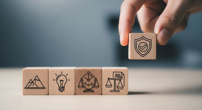 Hand places security shield block on row of idea and growth blocks