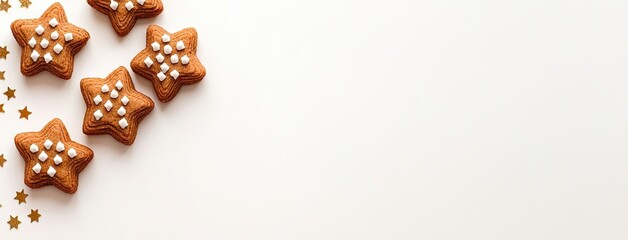 Festive flat lay composition featuring golden stars and a blank space for customization, perfect for greeting card designs or holiday celebrations