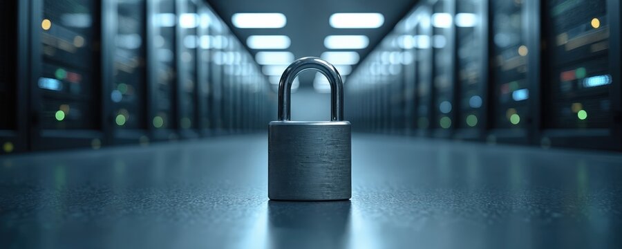 Silver padlock locks secure server racks in modern data center. Digital data storage protected with physical lock. Tech security, privacy and access control concept.